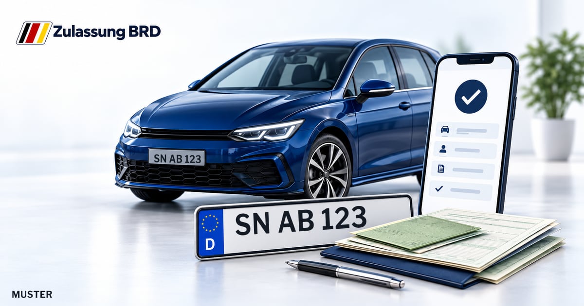 Online Fahrzeugzulassung in Schwerin: Musterkennzeichen SN AB 123, Auto und Fahrzeugpapiere und Smartphone. Illustration mit Logo von Zulassung BRD.